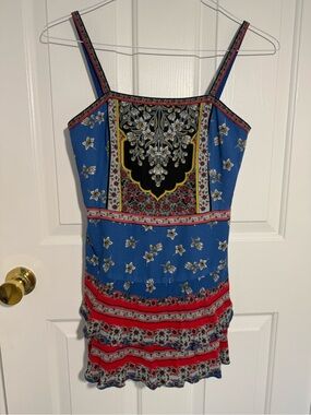 Alice + Olivia Blue Floral Mini Romper with Red Trim